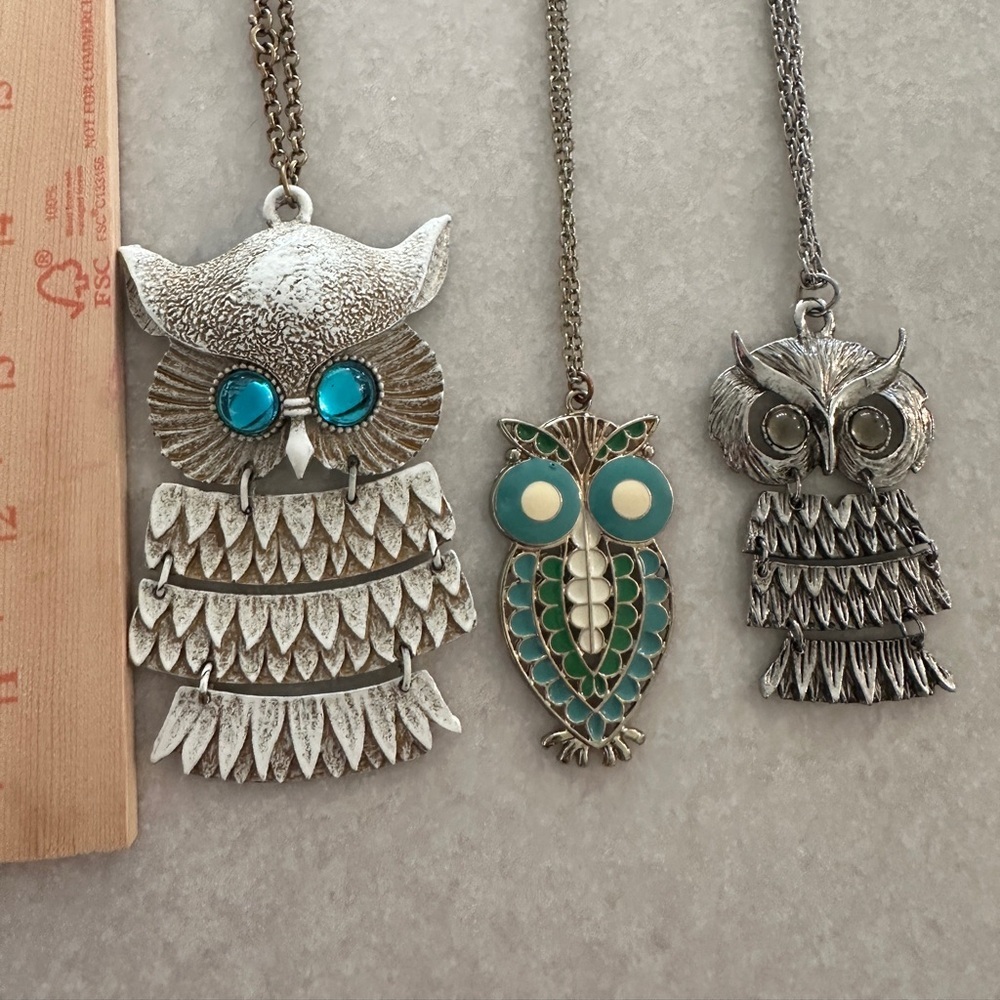 Set of 3 Silver and Turquoise Owl Pendant Necklaces